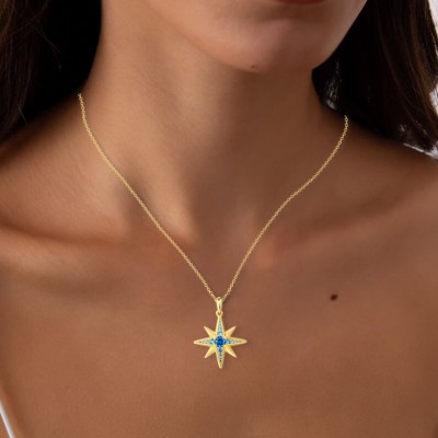 Yellow Gold Round Cut Aquamarine 925 Sterling Silver Star Necklace