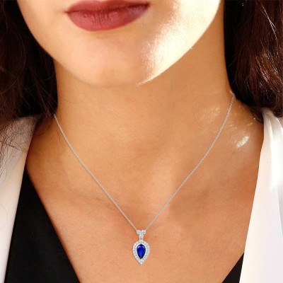 Pear Cut Blue Sapphire 925 Sterling Silver Halo Necklace