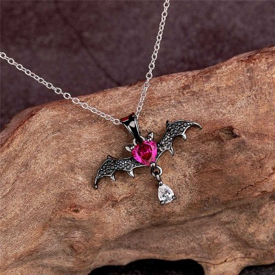 Halloween Heart Cut Ruby Sterling Silver Bat Necklace