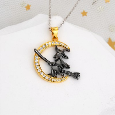 Halloween Witch Flying On Broom Sterling Silver Necklace