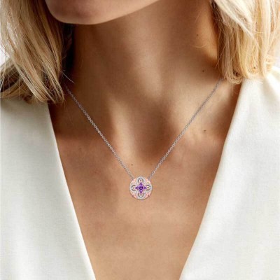 Round  Vintage Rose Gold Two-Tone Amethyst 925 Sterling Silver Flower Necklace
