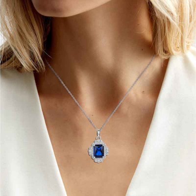 Vintage Radiant Cut Blue Sapphire 925 Sterling Silver Halo Necklace