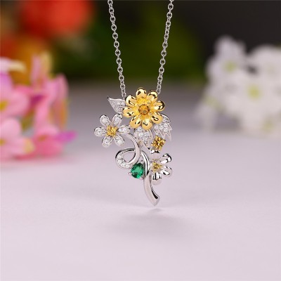 "Happy Day" Daisy Yellow Topaz 925 Sterling Silver Two Tone Necklace