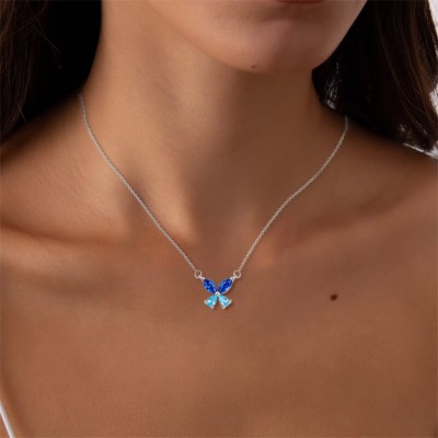 Dainty Blue Sapphire and Aquamarine 925 Sterling Silver Butterfly Necklace