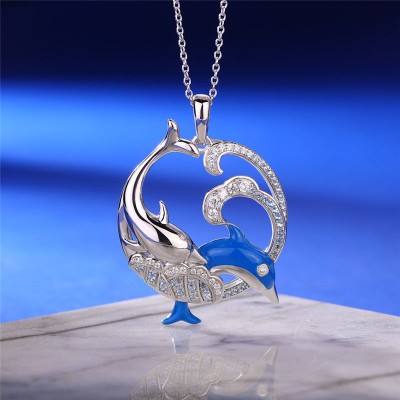 "Unstoppable Love" 925 Sterling Silver Double Dolphins Enamel Necklace