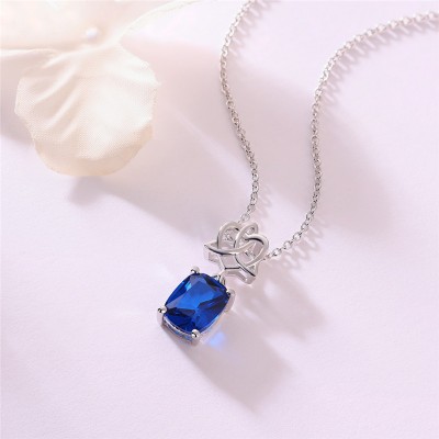 Celtic Cushion Cut Blue Sapphire 925 Sterling Silver Trinity Knot Heart Necklace