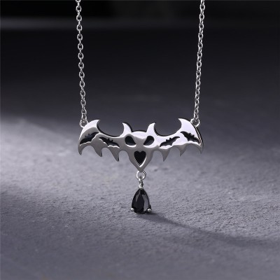 Halloween Pear Cut Black Sapphire 925 Sterling Silver Bat Necklace