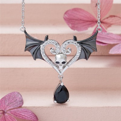 Heart Shape Black Sapphire 925 Sterling Silver Skull Bat Necklace