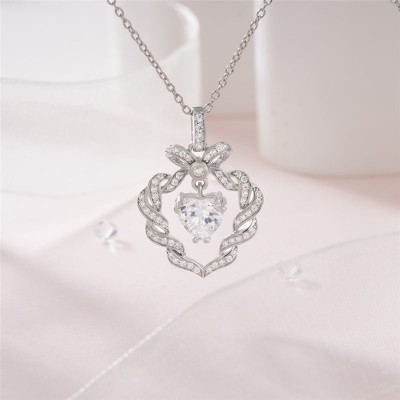 Heart Cut White Sapphire 925 Sterling Silver Twisted Bowknot Necklace