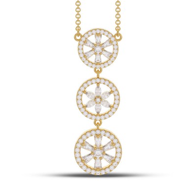 Yellow Gold Round White Sapphire 925 Sterling Silver Flower Triple Pendant Necklace