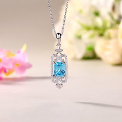 Radiant Cut Aquamarine 925 Sterling Silver Halo Necklace