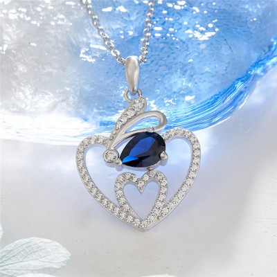 Heart Shape Pear Cut Blue Sapphire 925 Sterling Silver Necklace