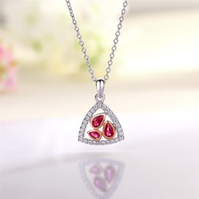 Trillion Shape Two Tone Pear Cut Ruby 925 Sterling Silver 3-Stone Necklace