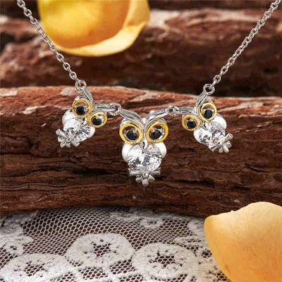 Round Cut White Sapphire 925 Sterling Silver Three Owl Necklace