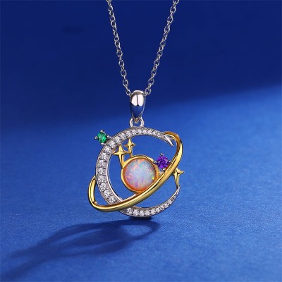 Two Tone Opal 925 Sterling Silver Moon and Star Planet Necklace
