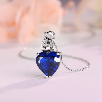 Heart Cut Blue Sapphire 925 Sterling Silver Mom and Baby Monkey Necklace