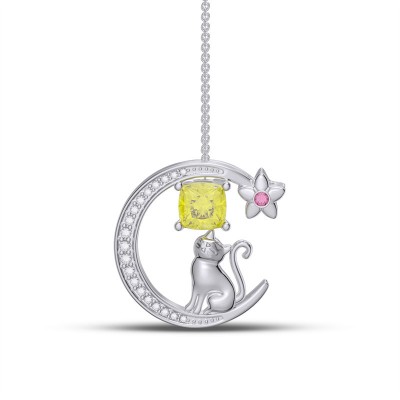 Cushion Cut Yellow Topaz 925 Sterling Silver Cat On the Moon Necklace