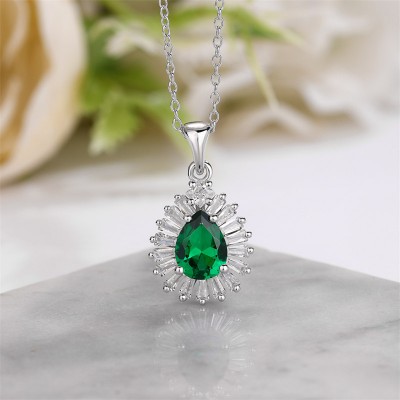 Pear Cut Emerald 925 Sterling Silver Halo Necklace