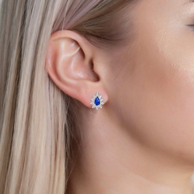 Blue Sapphire Drop Shape Sterling Silver Stud Earrings