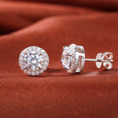 Round Cut White Sapphire Sterling Silver Halo Stud Earrings