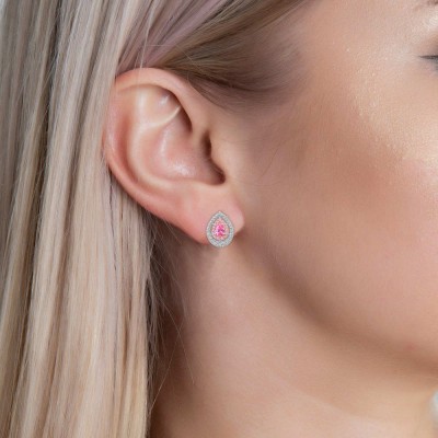 Pear Cut Pink Sapphire Sterling Silver Double Halo Stud Earrings