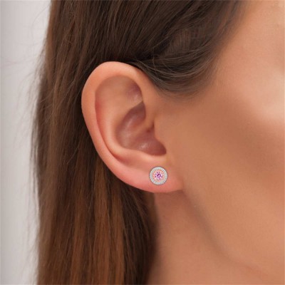 Round Cut Pink Sapphire Sterling Silver Double Halo Stud Earrings