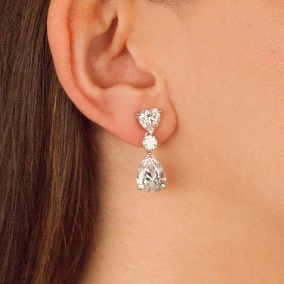 Pear Cut White Sapphire 925 Sterling Silver Heart Drop Earrings