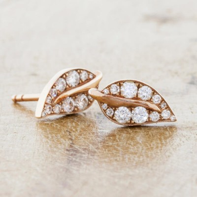 Leaf Round Cut White Sapphire 925 Sterling Silver Rose Gold Stud Earrings