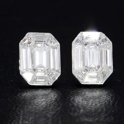 Emerald and Baguette Cut White Sapphire 925 Sterling Silver Stud Earrings