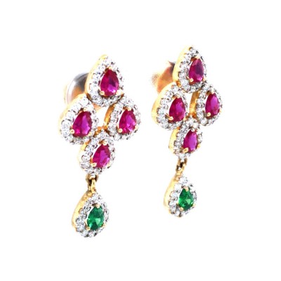 Pear Cut Emerald and Pink Sapphire 925 Sterling Silver Gold Halo Drop Earrings