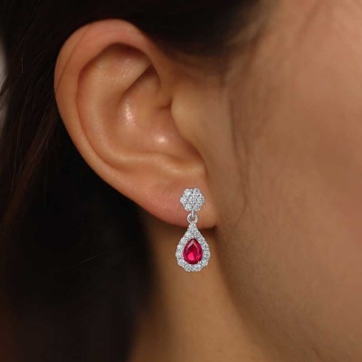 Pear Cut Ruby Sterling Silver Halo Drop Earrings