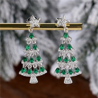 Delicate Pear Cut Emerald 925 Sterling Silver Christmas Tree Drop Earrings