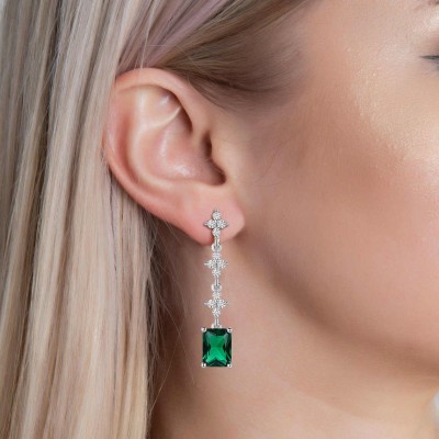 Gorgeous Radiant Cut Emerald 925 Sterling Silver Drop Earrings