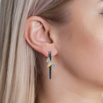 Black Sapphire 925 Sterling Silver Bee Hoop Earrings