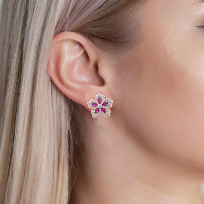 Rose Gold Pink Sapphire 925 Sterling Silver Flower Stud Earrings