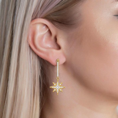 Yellow Gold Round Cut White Sapphire 925 Sterling Silver Moon and Star Earrings