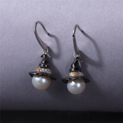Halloween Round Pearl 925 Sterling Silver Witch Hat Earrings