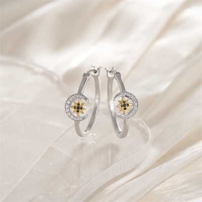 Two Tone 925 Sterling Silver Moon and Star Hoop Earrings