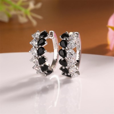 Pear Cut White and Black Sapphire 925 Sterling Silver Huggie Earrings