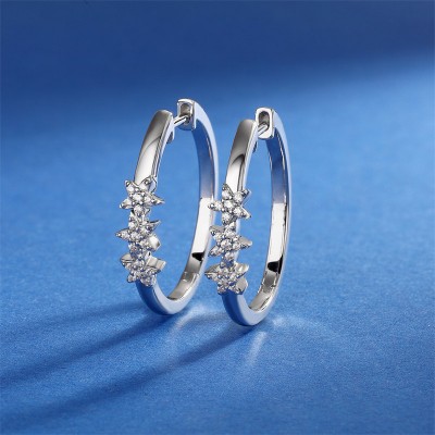 White Sapphire 925 Sterling Silver Three Star Hoop Earrings