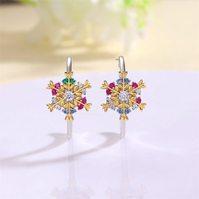 White Sapphire 925 Sterling Silver Two Tone Snowflake Hoop Earrings