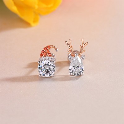 White Sapphire 925 Sterling Silver Christmas Hat and Antler Earrings