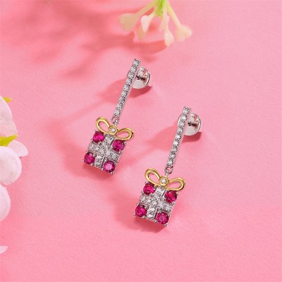 Round Cut Ruby 925 Sterling Silver Two Tone Gift Box Earrings