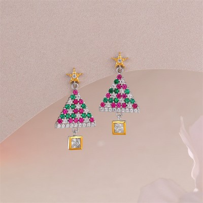 Princess Cut White Sapphire 925 Sterling Silver Christmas Tree Drop Earrings