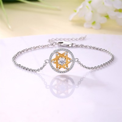 Round Cut White Sapphire Sterling Silver Gold Hexagram Bracelet