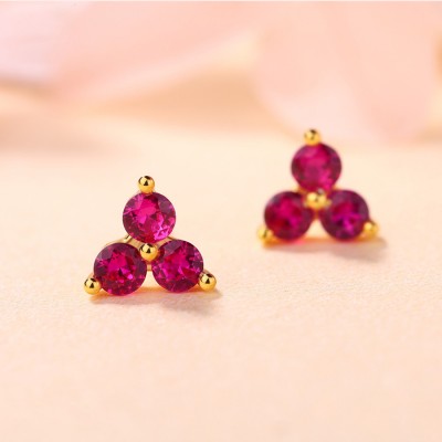 Genuine Round Cut Ruby Cluster 925 Sterling Silver Yellow Gold Stud Earrings