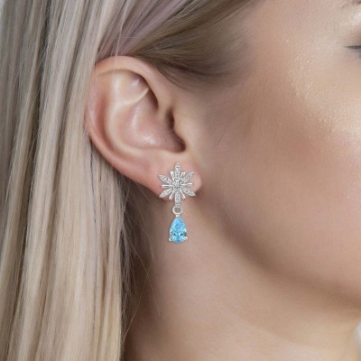 Pear Cut Aquamarine Elsa Snowflake 925 Sterling Silver Drop Earrings