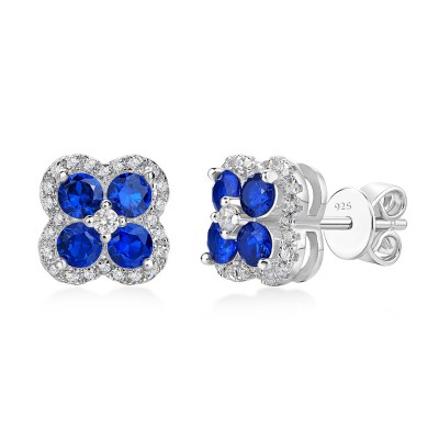 Round Cut Blue Sapphire Floral 925 Sterling Silver Halo Stud Earrings