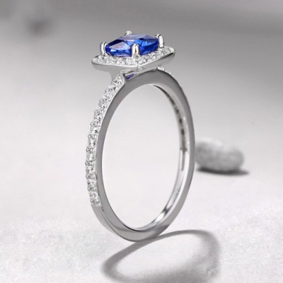 Princess Cut 925 Sterling Silver Sapphire Halo Engagement Rings