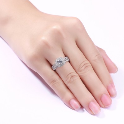 Round Cut White Sapphire 3 Piece 925 Sterling Silver Halo Ring Sets